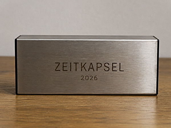 Moderne rechteckige Zeitkapsel aus Edelstahl mit Gravur - 25 cm